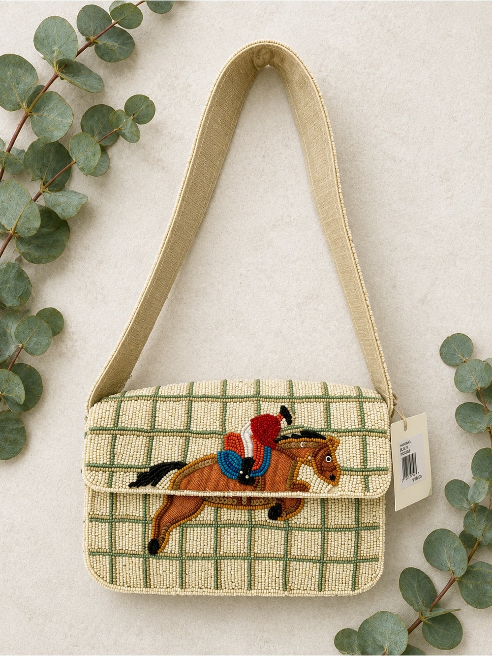 Viral TikTok Sol & Mer Beaded Equestrian Shoulder Bag - Cream/Green NEW